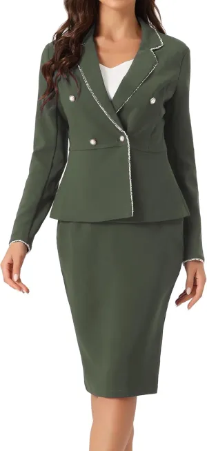 Allegra K Women's 2 Pieces Skirt Sets Business Casual Outfits Tweed Trim Blazer Jacket and Pencil Skirt Suit Set