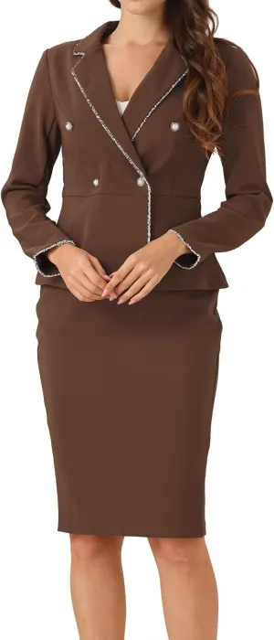 Allegra K Women's 2 Pieces Skirt Sets Business Casual Outfits Tweed Trim Blazer Jacket and Pencil Skirt Suit Set