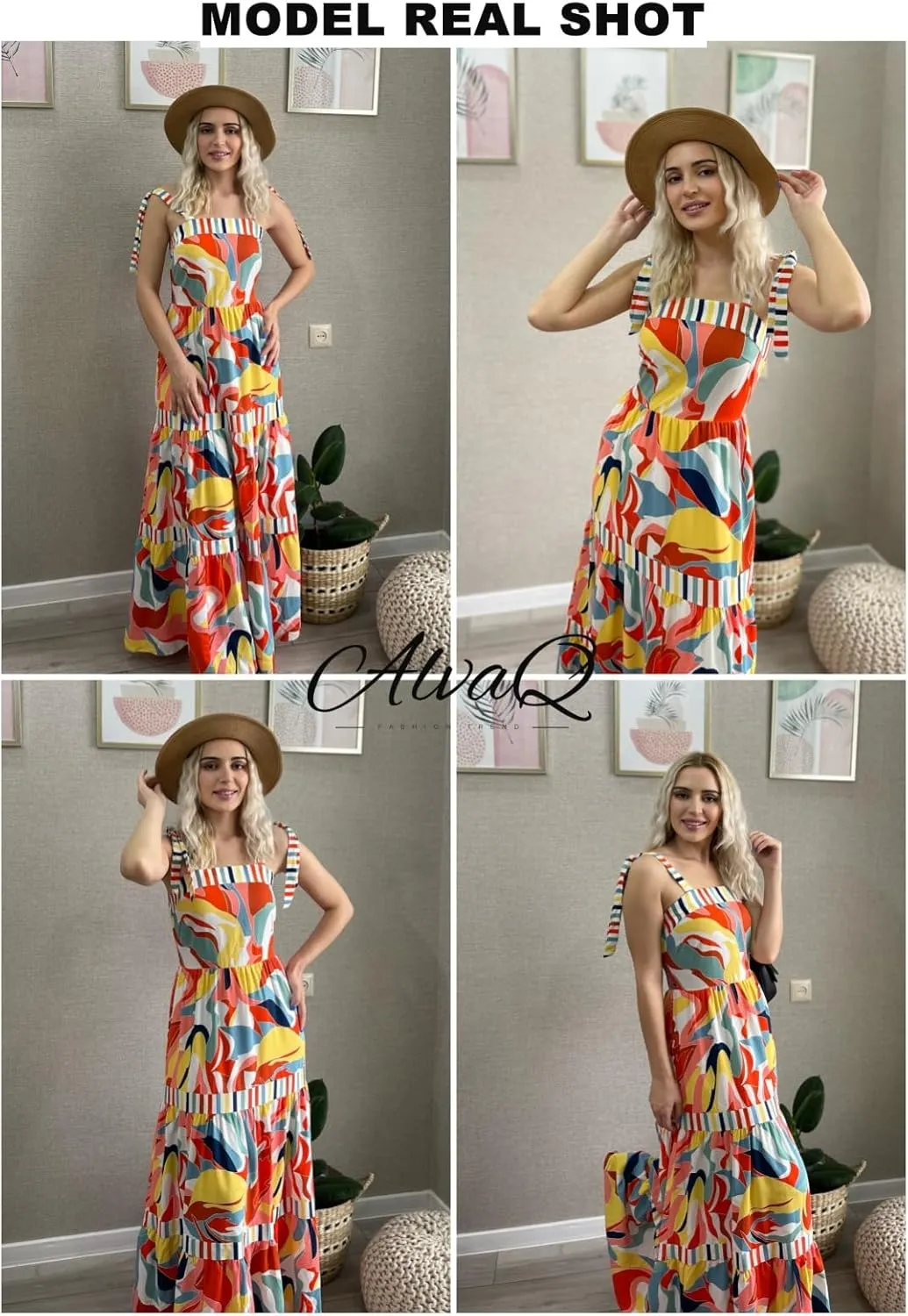 AlvaQ Women's 2025 Summer Sleeveless Floral Print Maxi Dress Strap Square Neck Beach Sun Dress