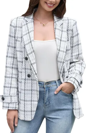 Angashion Womens Tweed Blazer Jackets: Fashion Casual Open Front Elegant Houndstooth Plaid Jacket Coat with Pockets