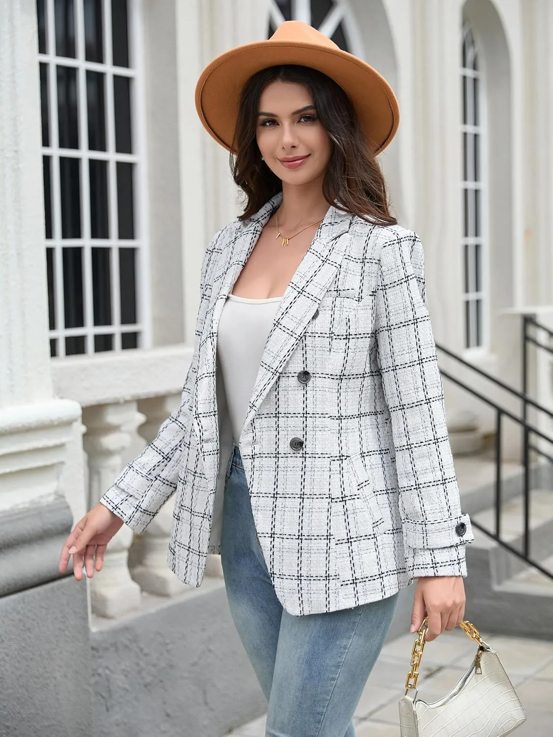 Angashion Womens Tweed Blazer Jackets: Fashion Casual Open Front Elegant Houndstooth Plaid Jacket Coat with Pockets