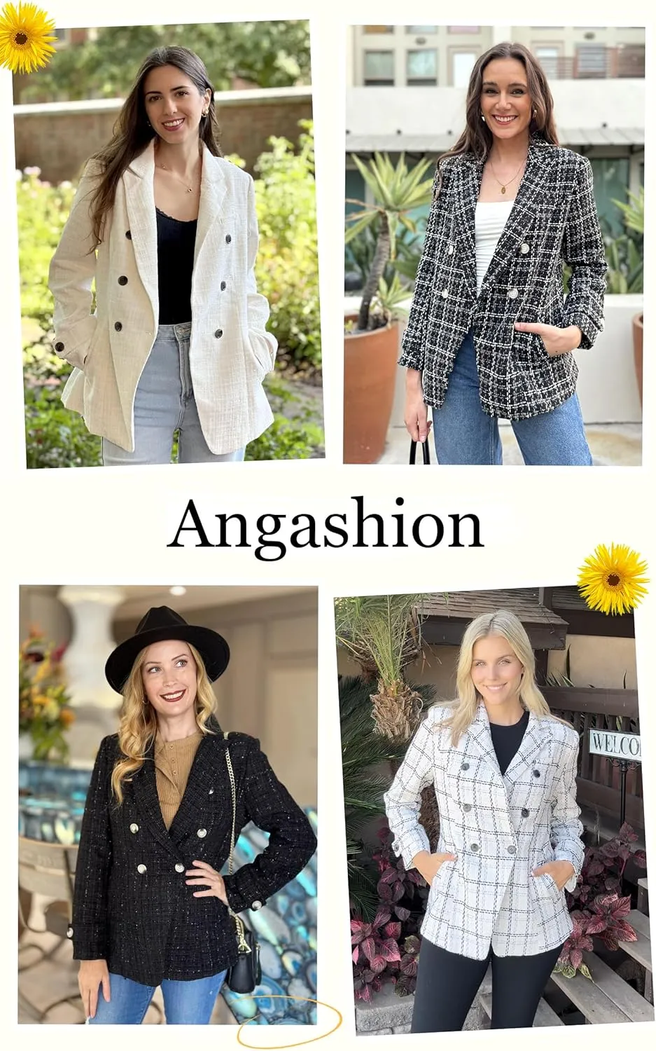 Angashion Womens Tweed Blazer Jackets: Fashion Casual Open Front Elegant Houndstooth Plaid Jacket Coat with Pockets