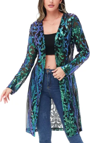 Anna-Kaci Women's Sparkly Sequin Cardigan Long Sleeve Open Front Glitter Kimono