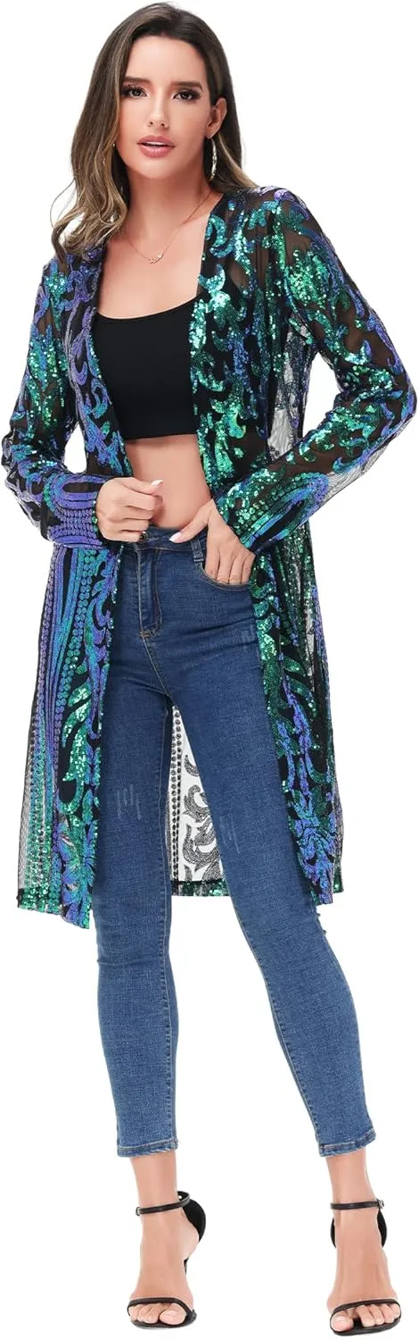Anna-Kaci Women's Sparkly Sequin Cardigan Long Sleeve Open Front Glitter Kimono