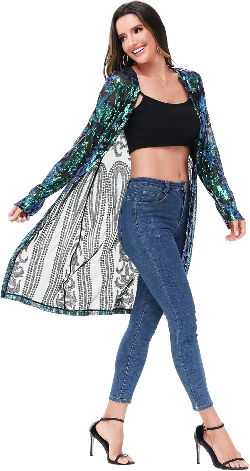 Anna-Kaci Women's Sparkly Sequin Cardigan Long Sleeve Open Front Glitter Kimono