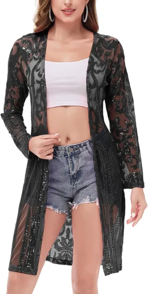 Anna-Kaci Women's Sparkly Sequin Cardigan Long Sleeve Open Front Glitter Kimono