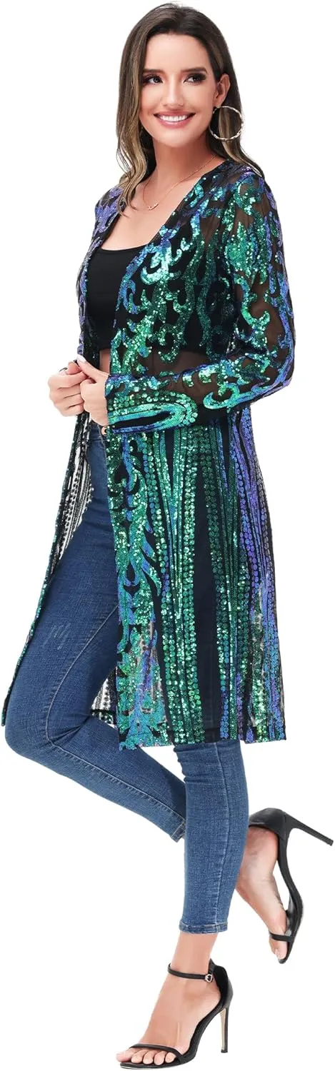 Anna-Kaci Women's Sparkly Sequin Cardigan Long Sleeve Open Front Glitter Kimono