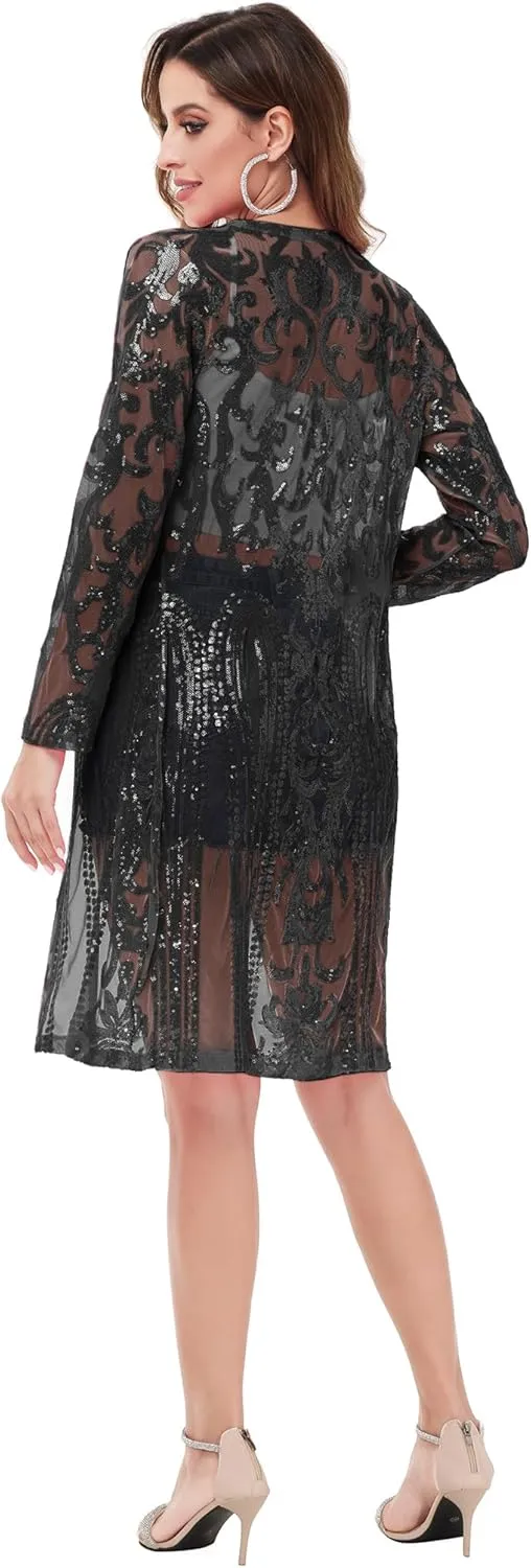 Anna-Kaci Women's Sparkly Sequin Cardigan Long Sleeve Open Front Glitter Kimono