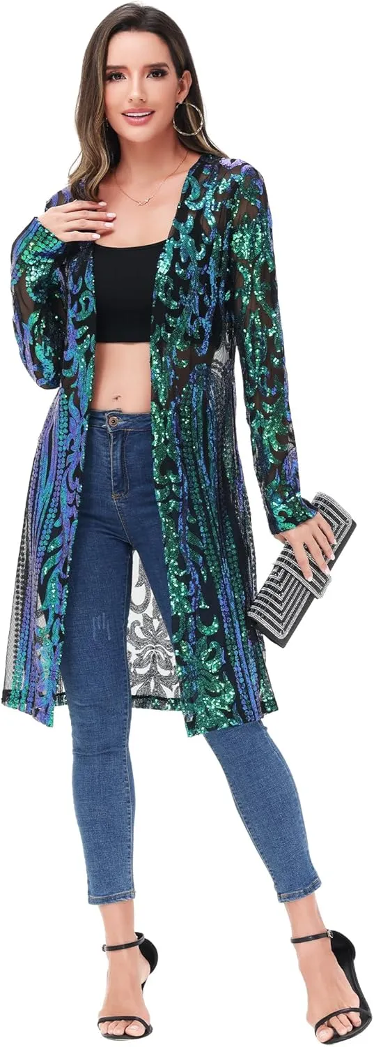 Anna-Kaci Women's Sparkly Sequin Cardigan Long Sleeve Open Front Glitter Kimono