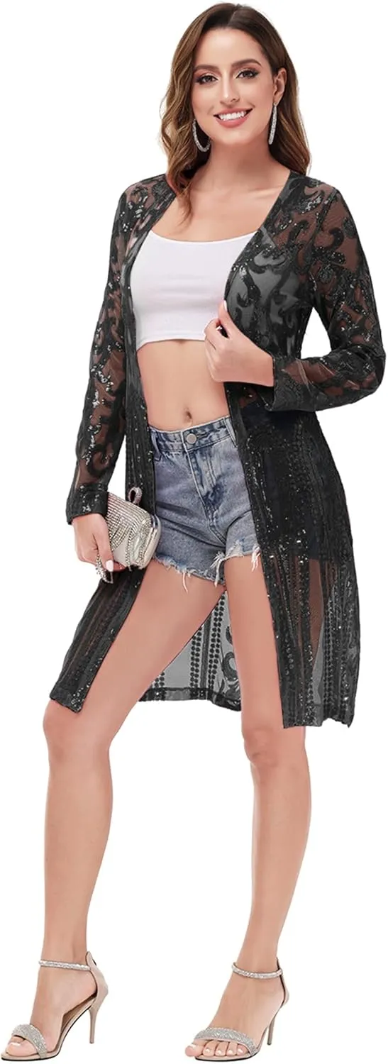 Anna-Kaci Women's Sparkly Sequin Cardigan Long Sleeve Open Front Glitter Kimono