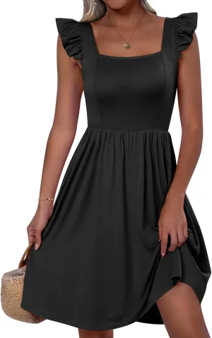 ANRABESS Womens Summer Short Dress 2025 Square Neck Sleeveless A Line Ruffled Wedding Casual Cute Teen Beach Mini Sundress