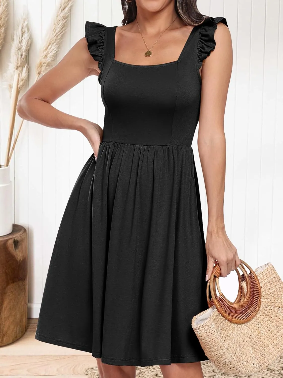 ANRABESS Womens Summer Short Dress 2025 Square Neck Sleeveless A Line Ruffled Wedding Casual Cute Teen Beach Mini Sundress
