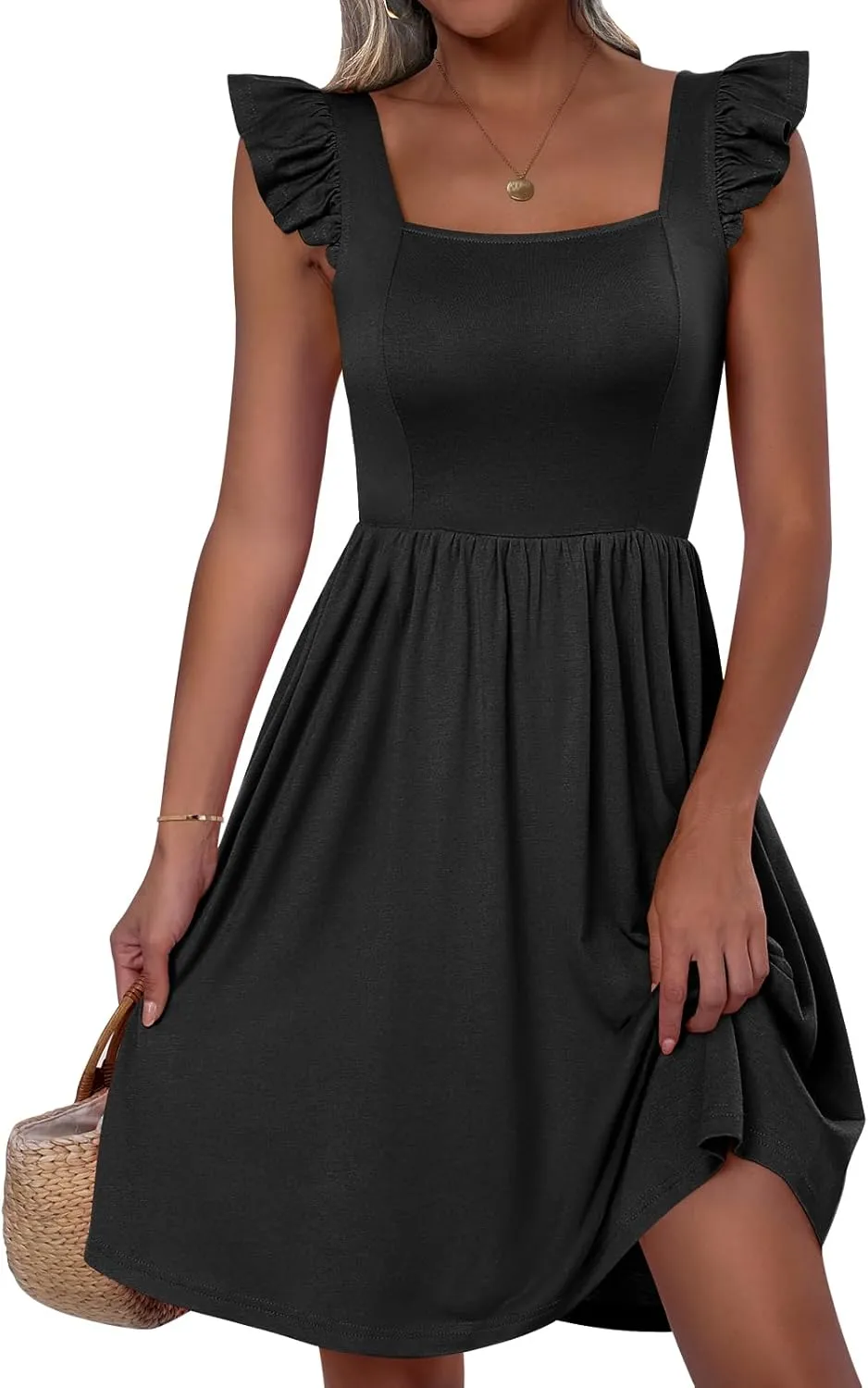 ANRABESS Womens Summer Short Dress 2025 Square Neck Sleeveless A Line Ruffled Wedding Casual Cute Teen Beach Mini Sundress