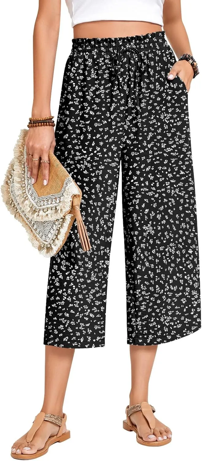 Anyhold Womens Capri Pants Loose High Waisted Wide Leg Lounge Pants Drawstring Casual Palazzo Trousers with Pockets