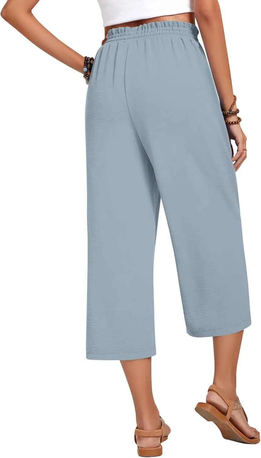 Anyhold Womens Capri Pants Loose High Waisted Wide Leg Lounge Pants Drawstring Casual Palazzo Trousers with Pockets