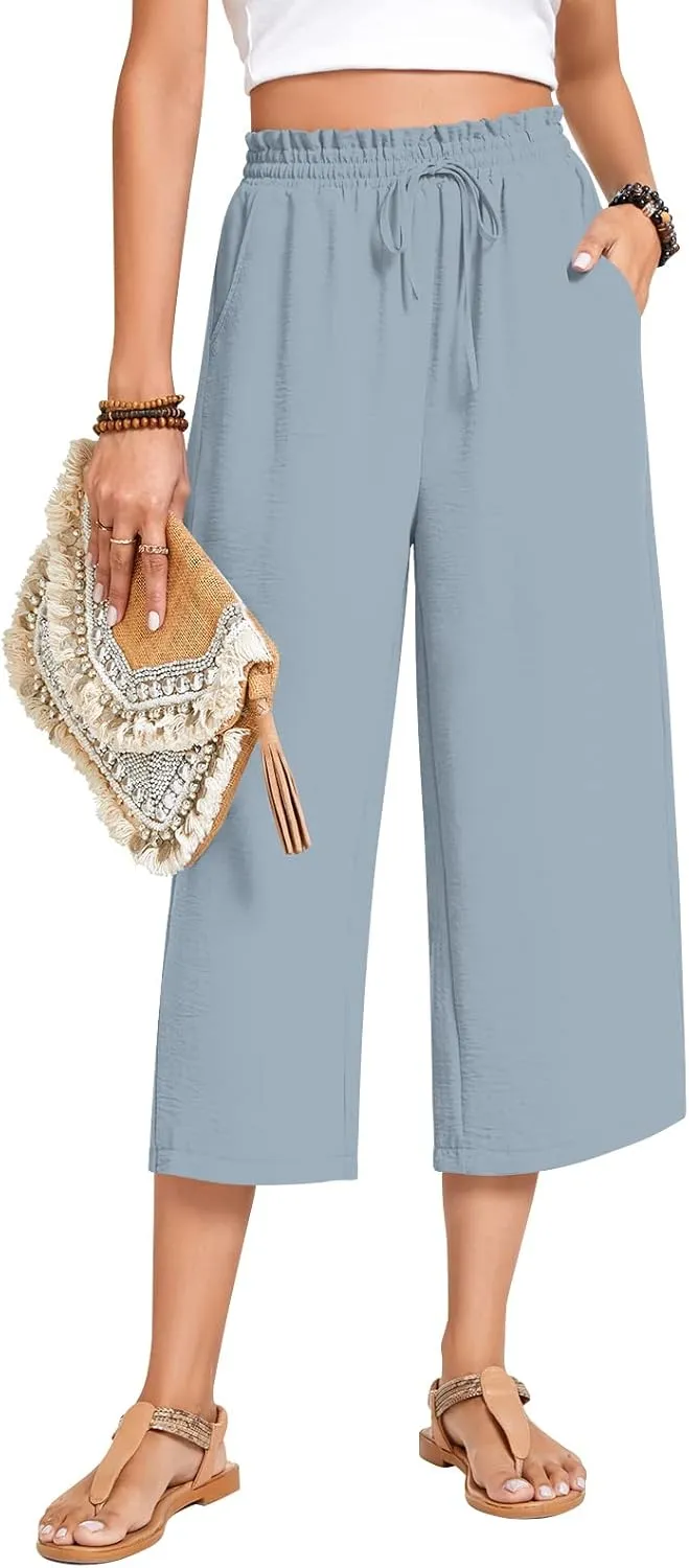 Anyhold Womens Capri Pants Loose High Waisted Wide Leg Lounge Pants Drawstring Casual Palazzo Trousers with Pockets