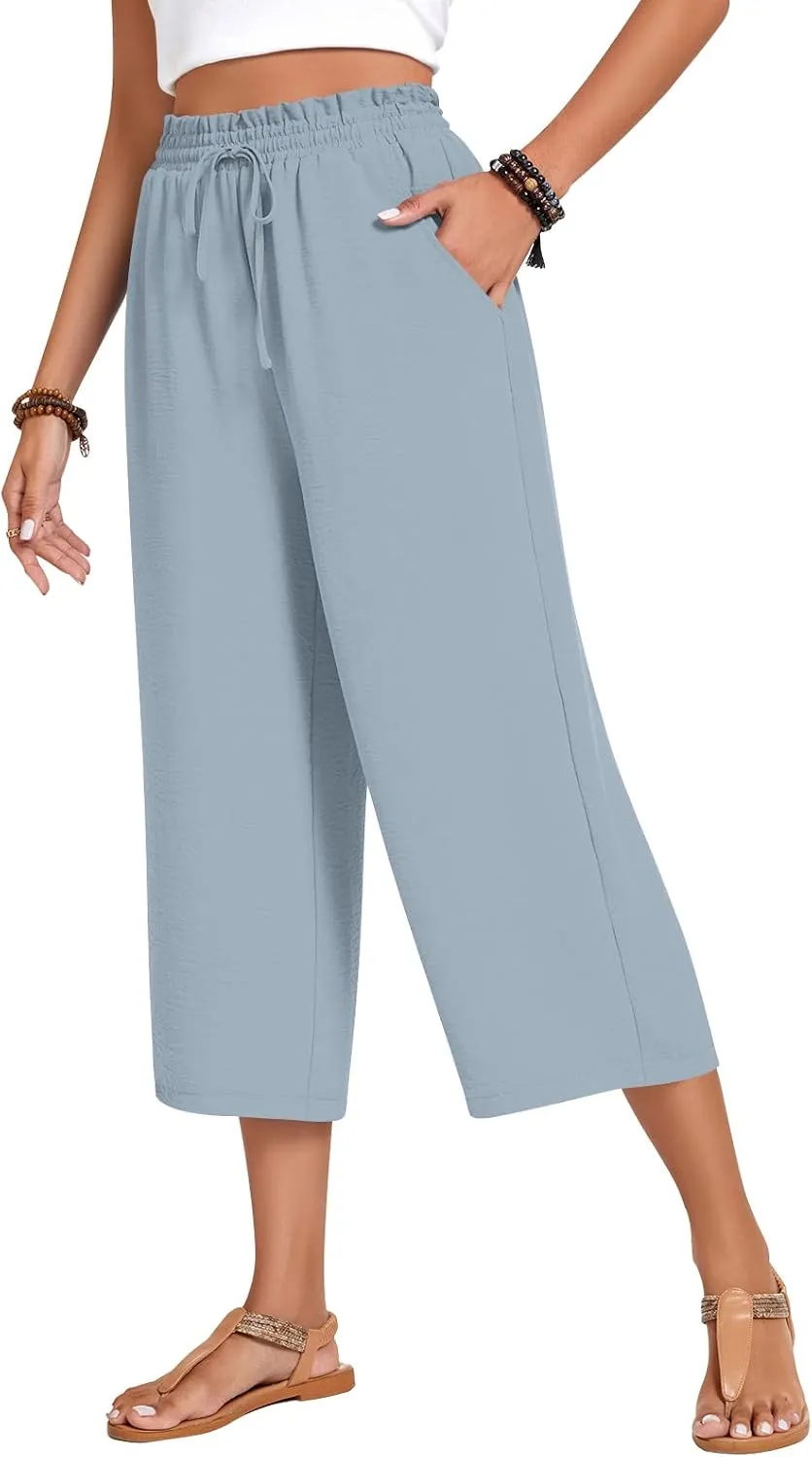 Anyhold Womens Capri Pants Loose High Waisted Wide Leg Lounge Pants Drawstring Casual Palazzo Trousers with Pockets