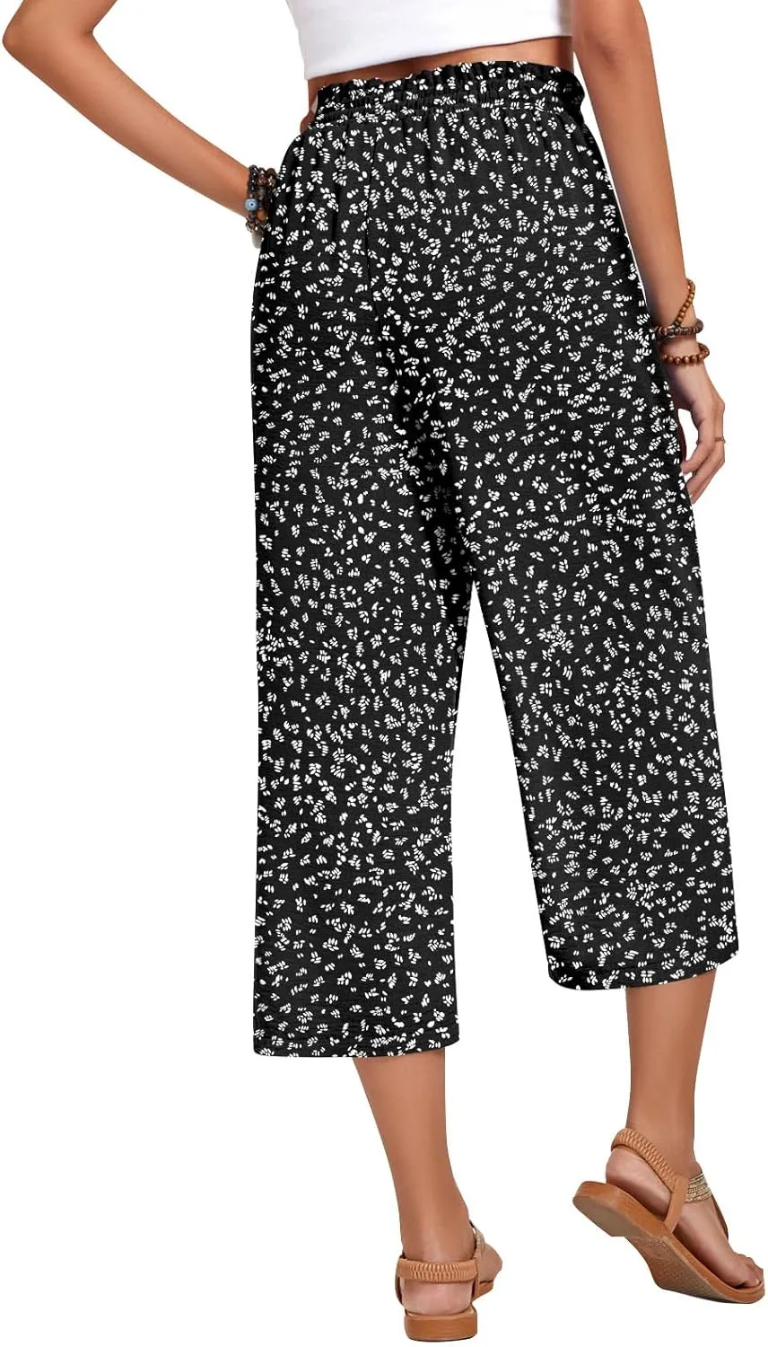 Anyhold Womens Capri Pants Loose High Waisted Wide Leg Lounge Pants Drawstring Casual Palazzo Trousers with Pockets