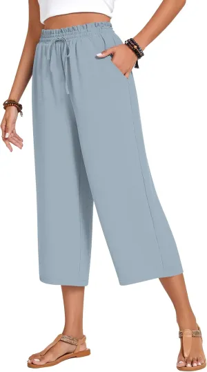 Anyhold Womens Capri Pants Loose High Waisted Wide Leg Lounge Pants Drawstring Casual Palazzo Trousers with Pockets
