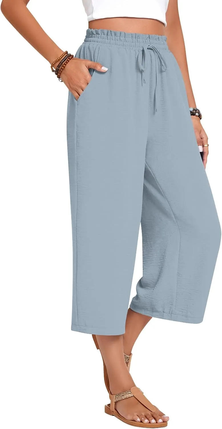 Anyhold Womens Capri Pants Loose High Waisted Wide Leg Lounge Pants Drawstring Casual Palazzo Trousers with Pockets