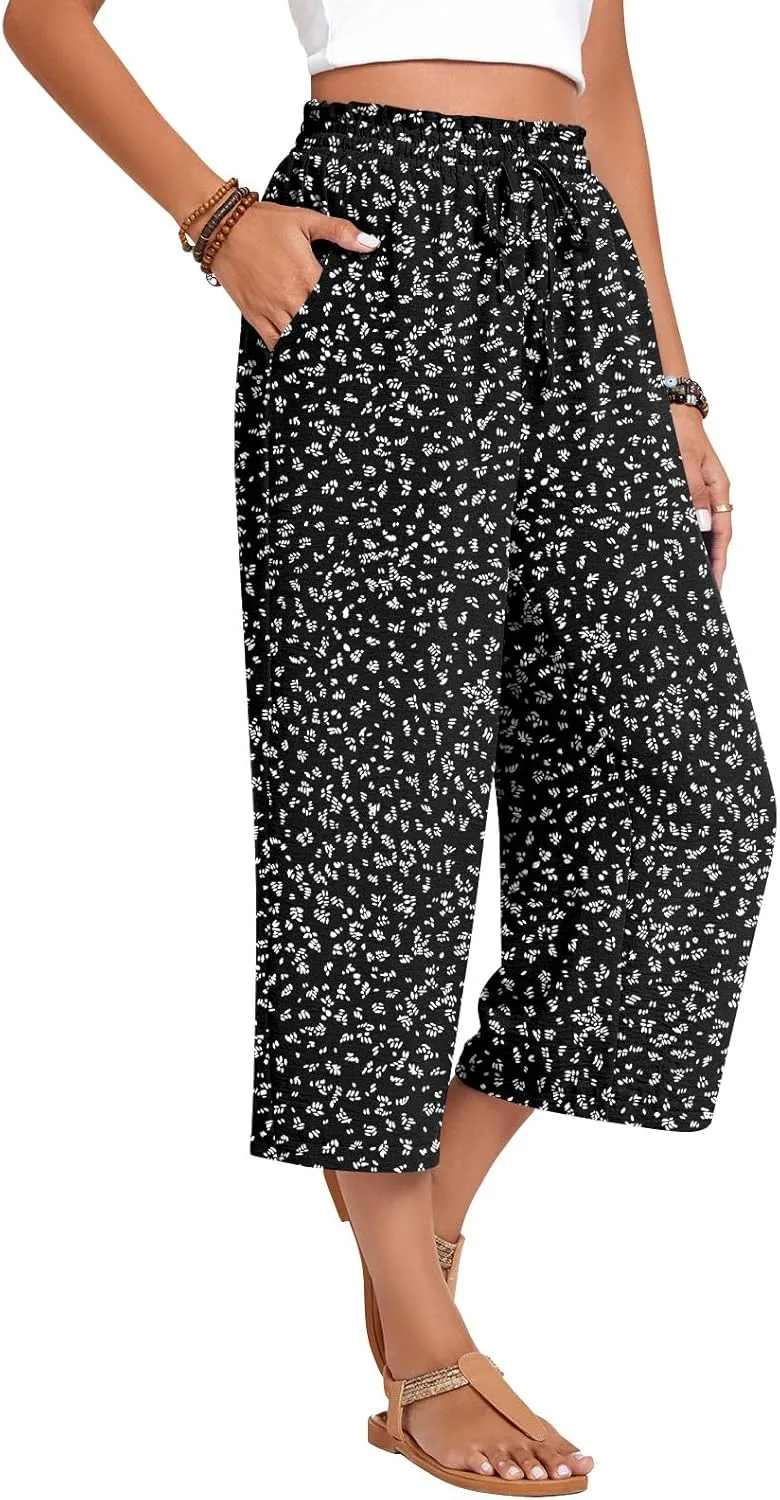 Anyhold Womens Capri Pants Loose High Waisted Wide Leg Lounge Pants Drawstring Casual Palazzo Trousers with Pockets