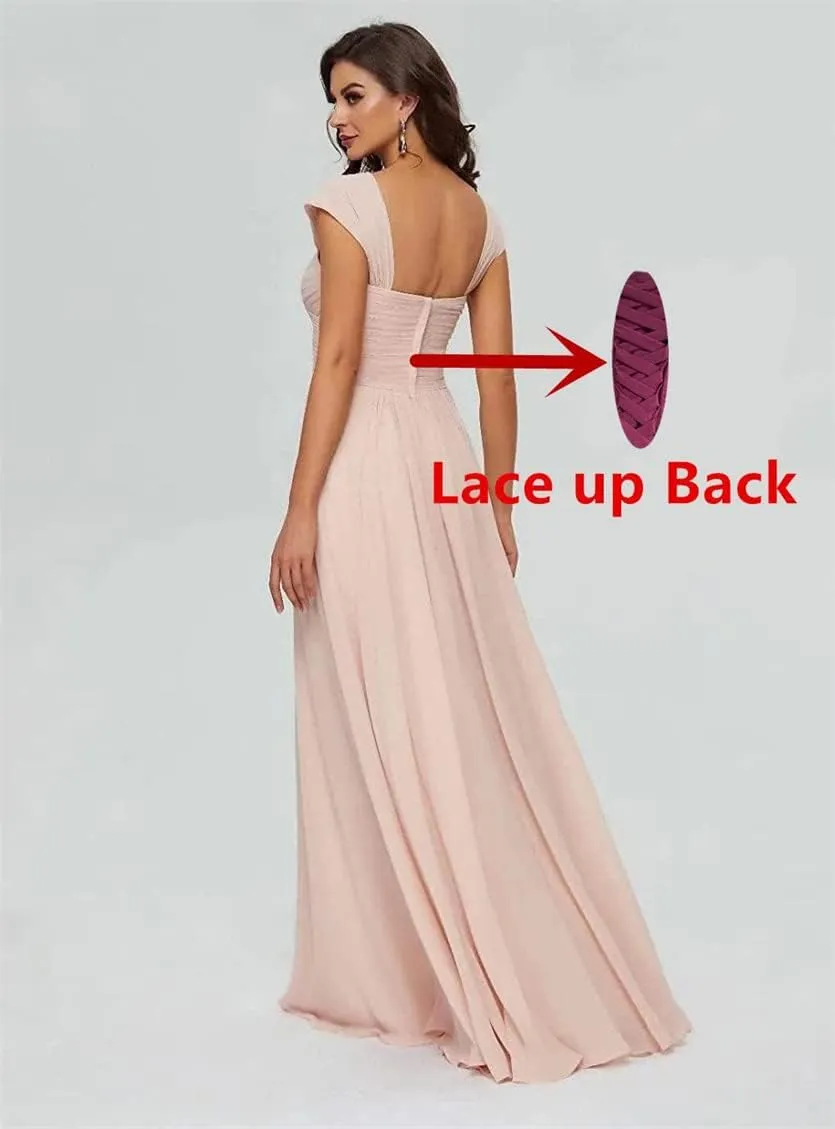 ANYSWBKN Cap Sleeve Juniors Bridesmaid Dresses for Wedding A Line Long Chiffon Ruched Formal Evening Gown
