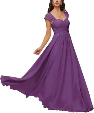ANYSWBKN Cap Sleeve Juniors Bridesmaid Dresses for Wedding A Line Long Chiffon Ruched Formal Evening Gown