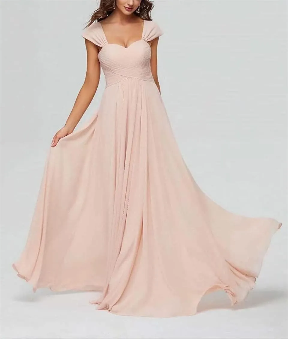 ANYSWBKN Cap Sleeve Juniors Bridesmaid Dresses for Wedding A Line Long Chiffon Ruched Formal Evening Gown