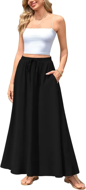 Aodemo Women's Flowy Maxi Skirt Summer Boho Pleated Elastic Waisted Casual Beach Long Skirts with Pockets 2XL, Black