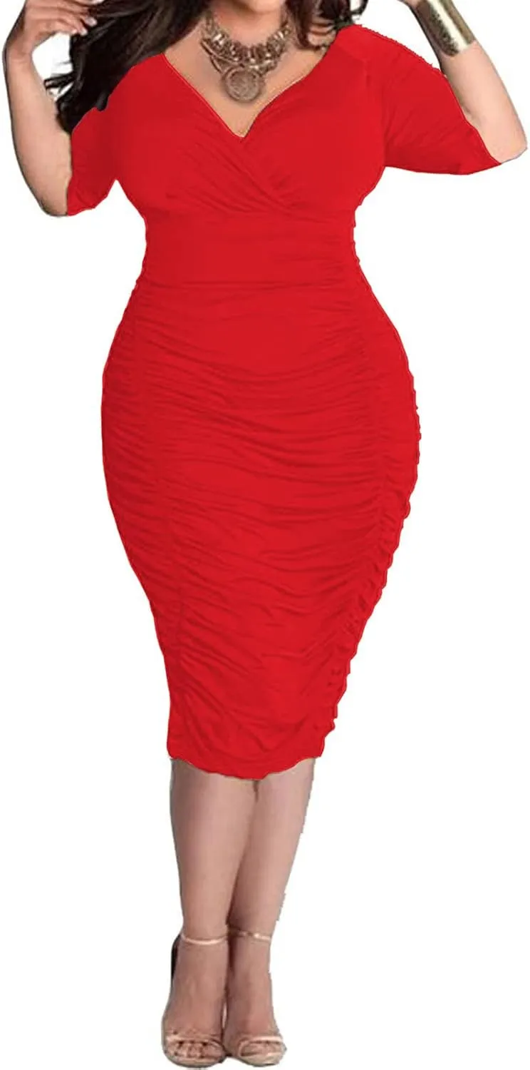 AOMONI Womens Sexy Plus Size Dresses Club Half Sleeve Midi Bodycon Party Dress