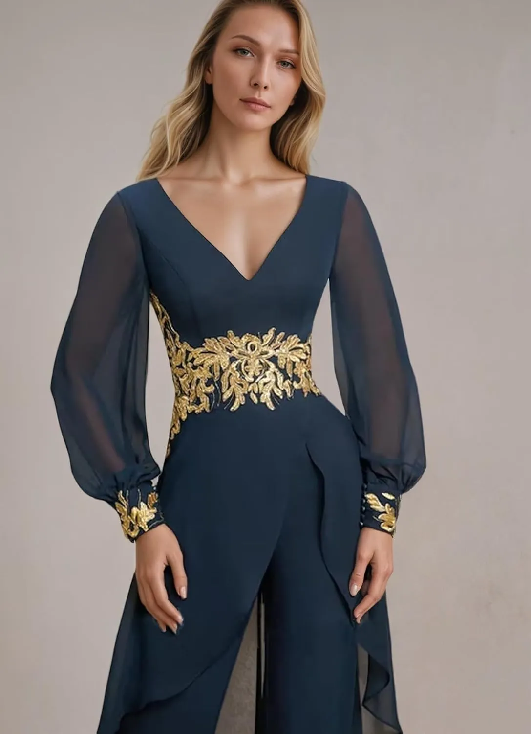 Applique Mother of The Bride Pant Suits V Neck Long Sleeve Grandmother of The Groom Jumpsuit