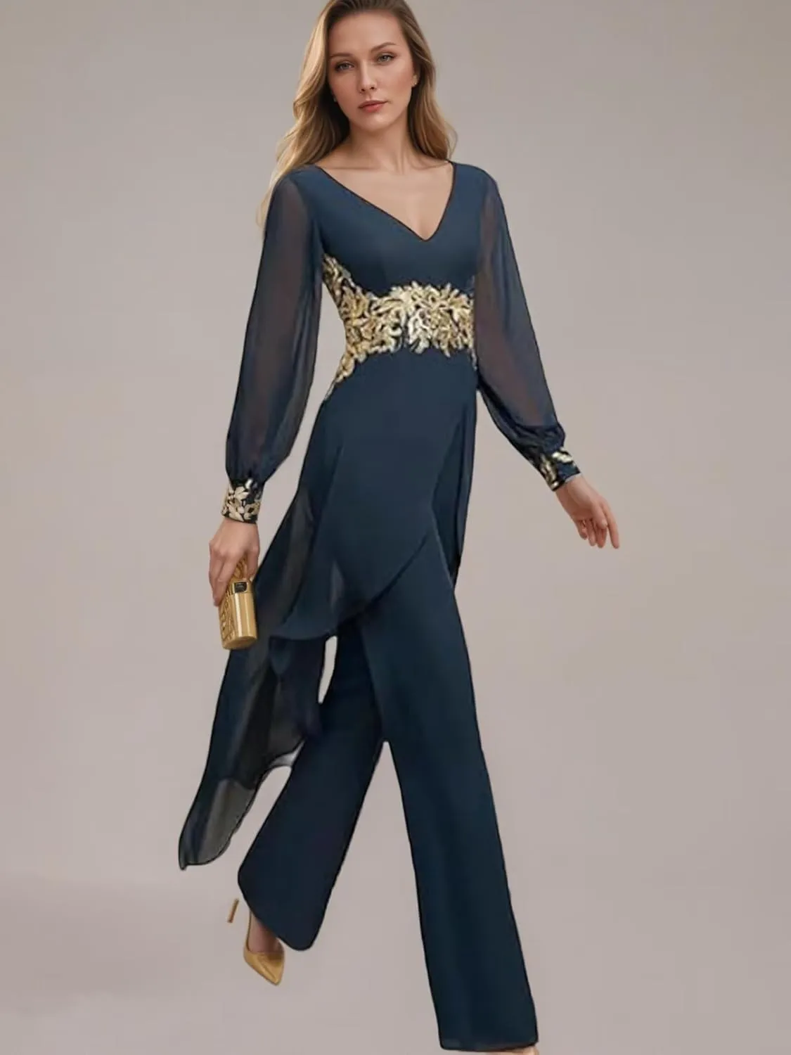 Applique Mother of The Bride Pant Suits V Neck Long Sleeve Grandmother of The Groom Jumpsuit
