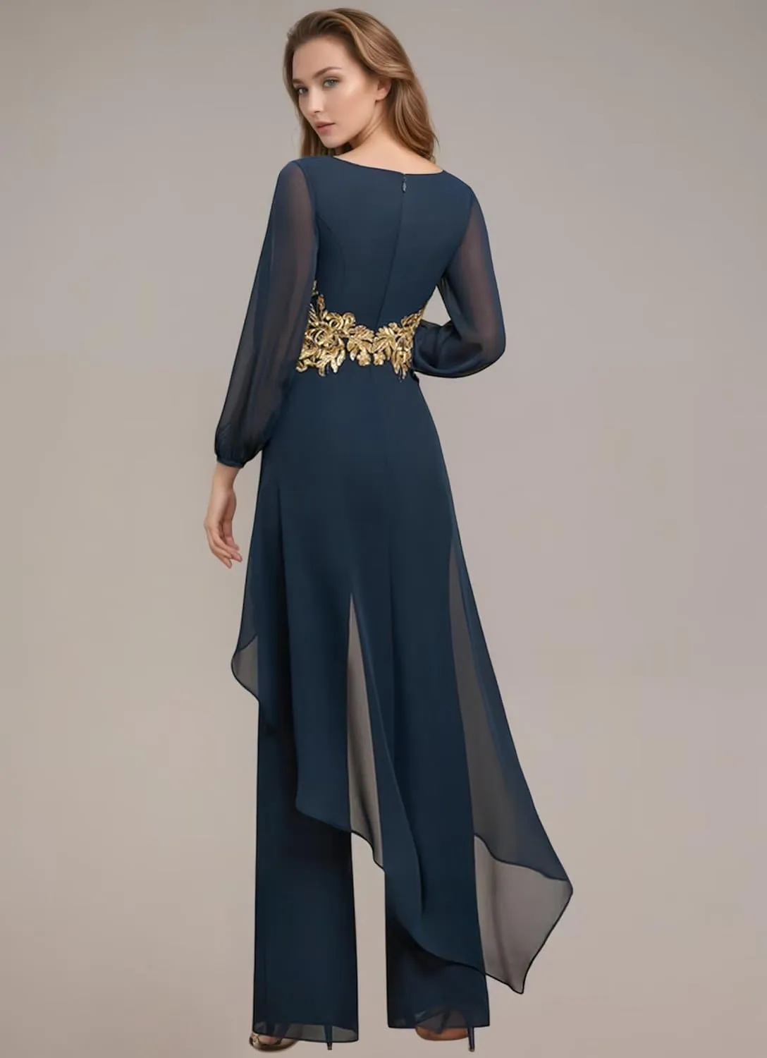 Applique Mother of The Bride Pant Suits V Neck Long Sleeve Grandmother of The Groom Jumpsuit