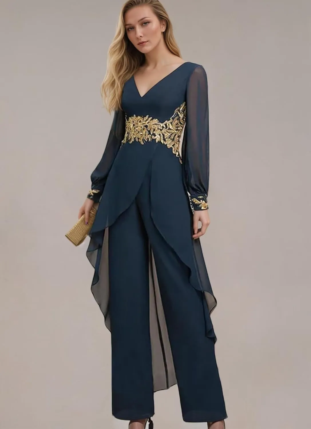 Applique Mother of The Bride Pant Suits V Neck Long Sleeve Grandmother of The Groom Jumpsuit