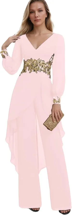 Applique Mother of The Bride Pant Suits V Neck Long Sleeve Grandmother of The Groom Jumpsuit