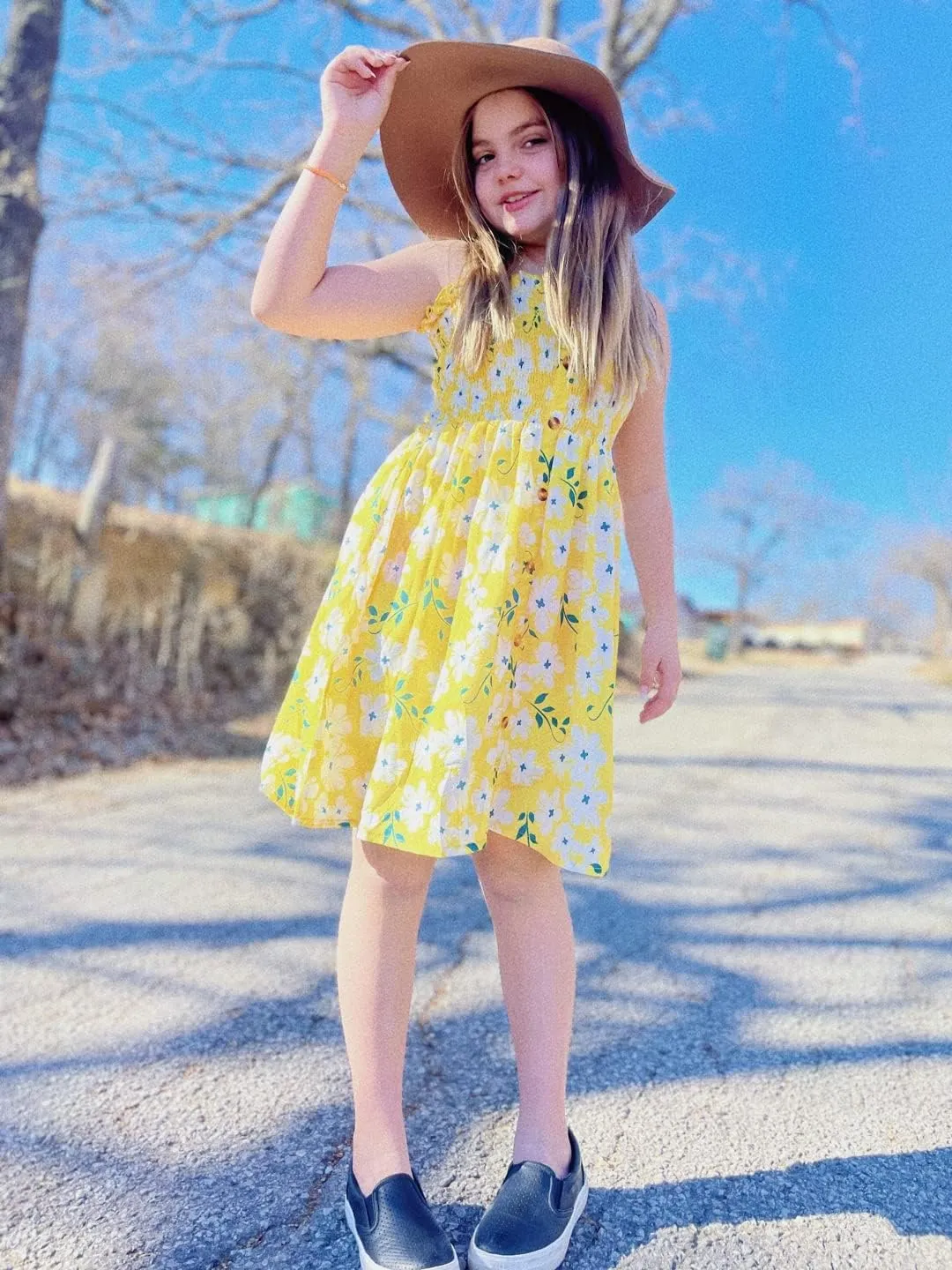 Arshiner Girl's Summer Sleeveless Casual Sundress Holiday Smock Cami Button Dress for 4-12 Years