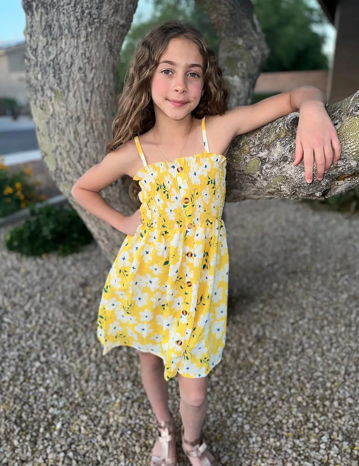 Arshiner Girl's Summer Sleeveless Casual Sundress Holiday Smock Cami Button Dress for 4-12 Years