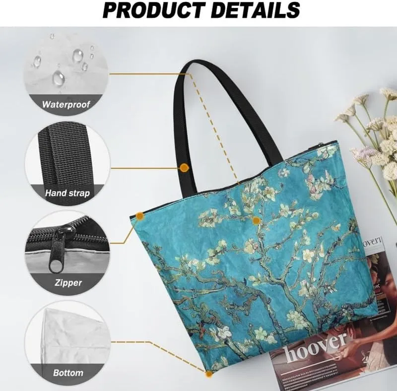 Art Lover Zippered Tote Bag Waterproof Large Work Tote Bags, Van Gogh Artwork Women's Purse Handbags Travel Totes