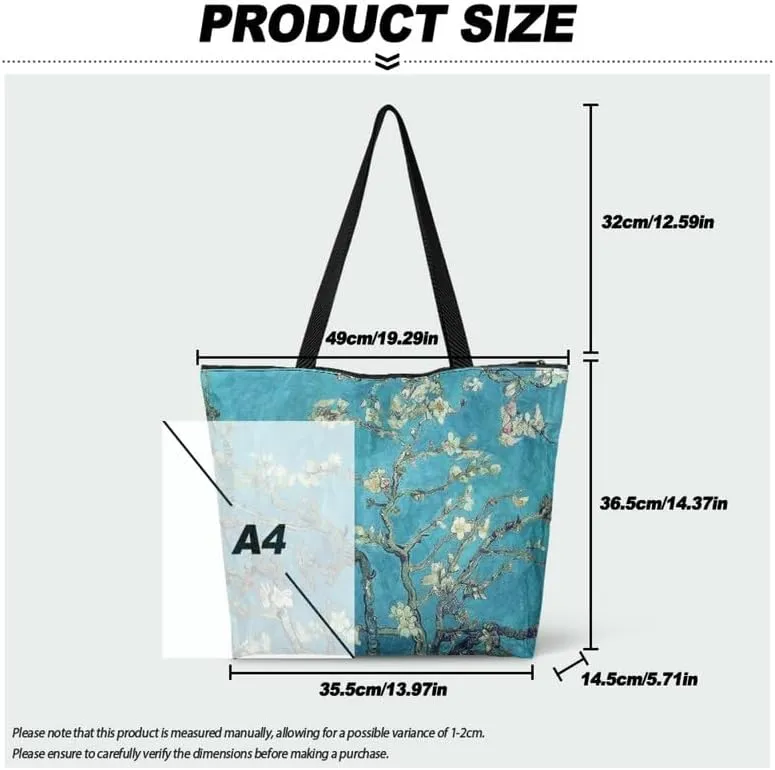 Art Lover Zippered Tote Bag Waterproof Large Work Tote Bags, Van Gogh Artwork Women's Purse Handbags Travel Totes