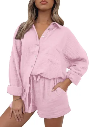 AUTOMET 2 Piece Sets For Women Lounge Wear Matching Two Piece Pajama Fashion Oversized Shirts And Shorts Spring Outfit 2025