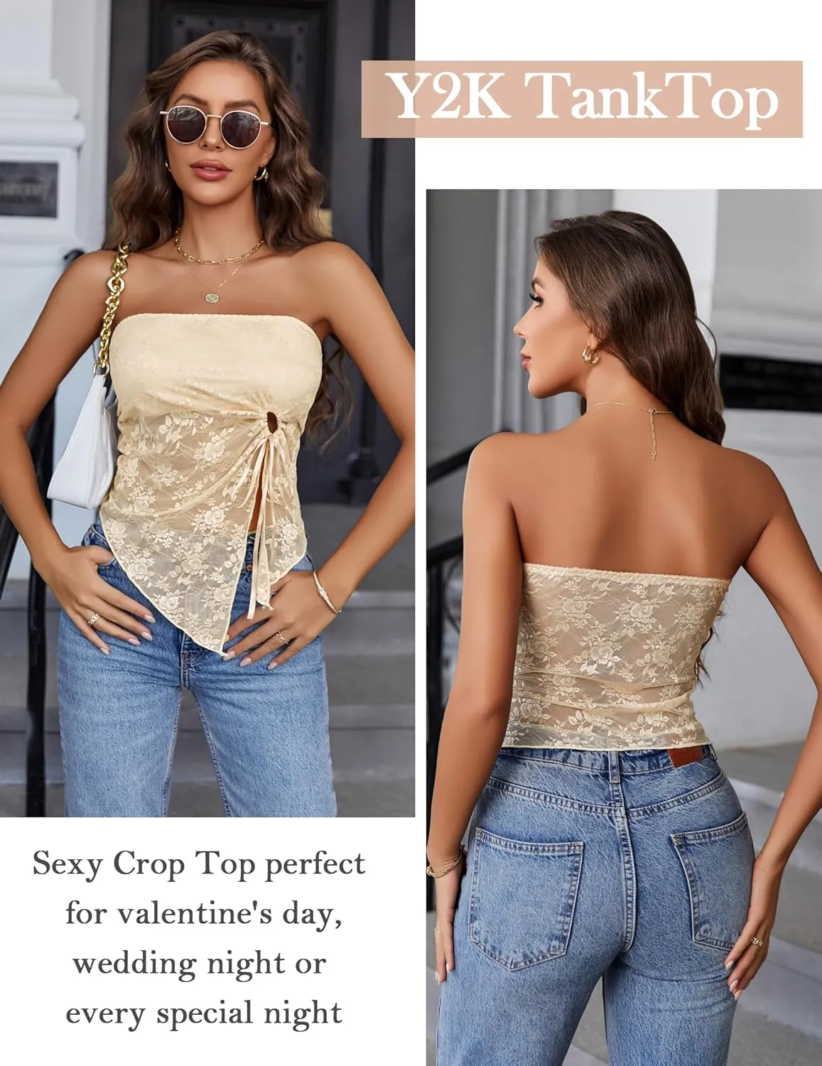 Avidlove Going Out Tops for Women Lace Camisole Y2k Tube Crop Tops Side Slit Bralettes Lingerie