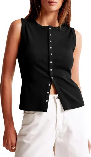 BAIGRAM Women Button Down Fitted Ribbed Tank Tops Cute Summer Sleeveless Vest Tops Going Out Y2K Trendy