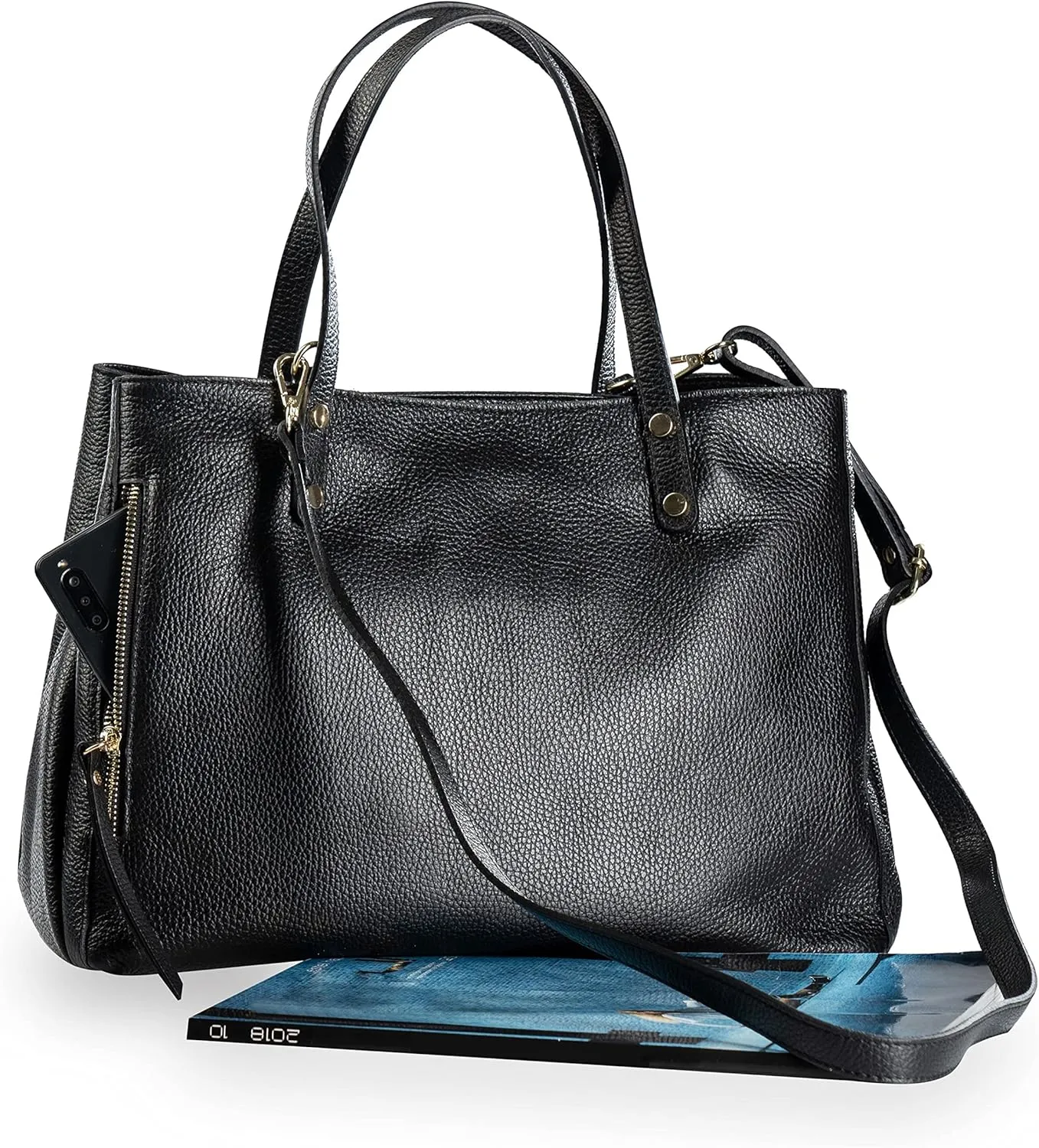 Baroncelli Large Leather Tote Bag Genuine Italian Pebbled Leather Designed and Made in Italy