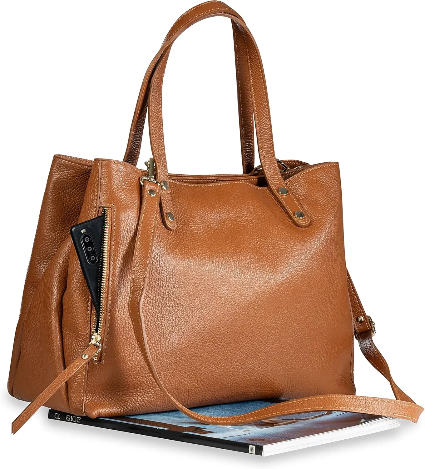 Baroncelli Large Leather Tote Bag Genuine Italian Pebbled Leather Designed and Made in Italy