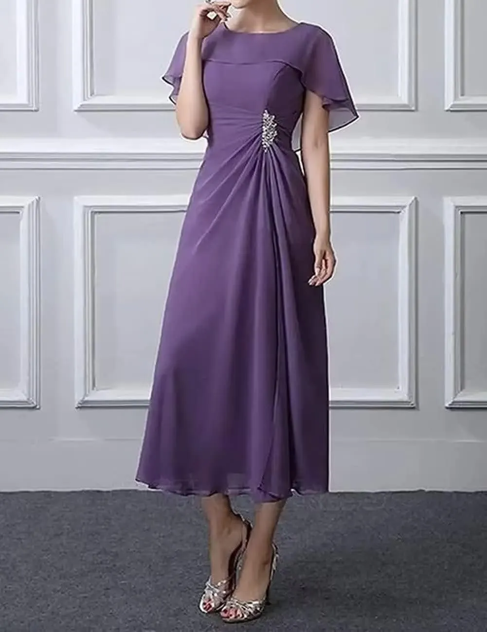 Bat Sleeves Mother of The Bride Dresses Tea Length Pleated Chiffon Cloak Formal Evening Gown for Wedding