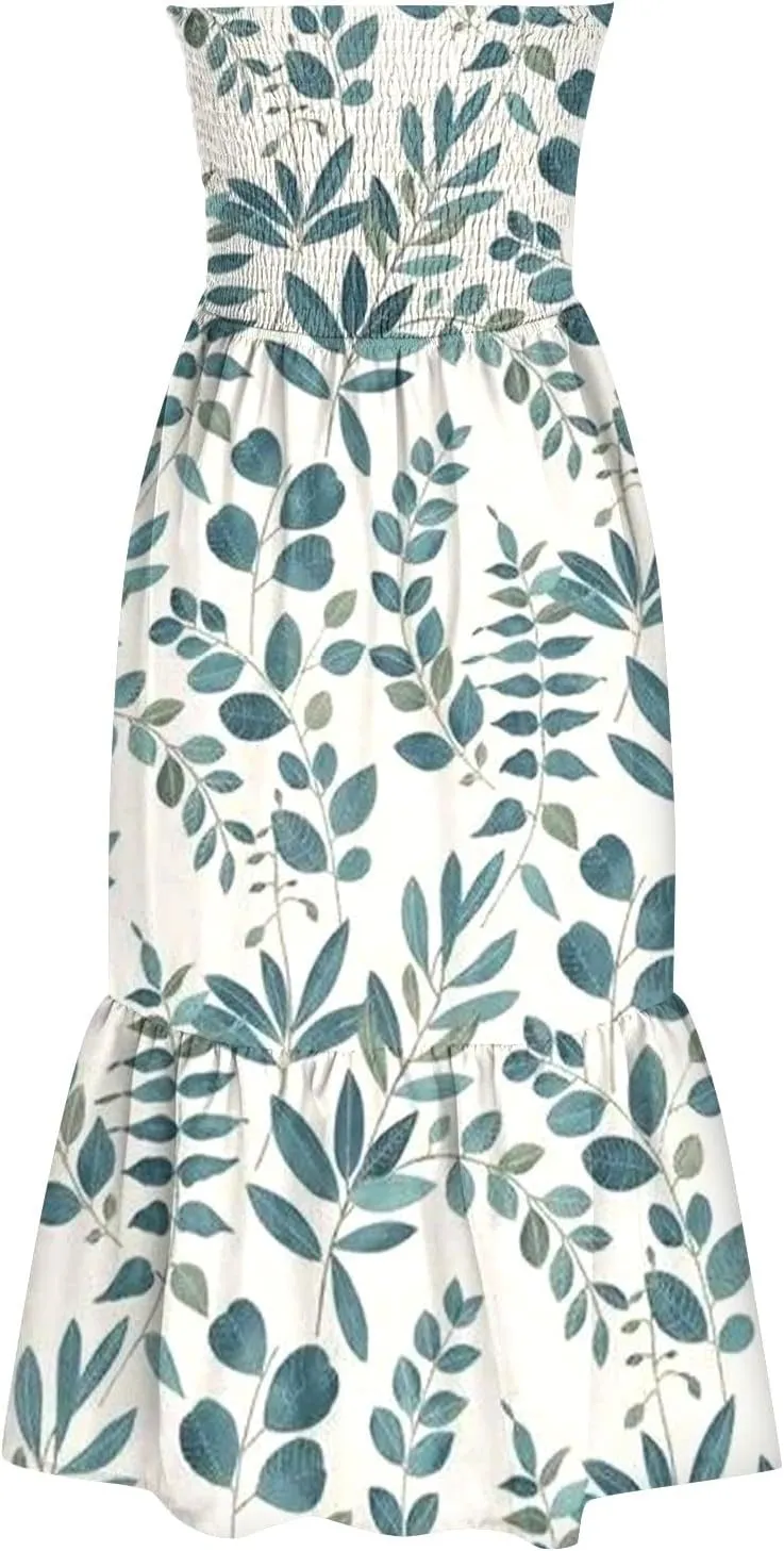 Beach Dresses for Women,2024 Summer Elegant Pleated Bandeau Maxi Dress,Trendy Flowy Ruffle Smocked Cruise Sundress