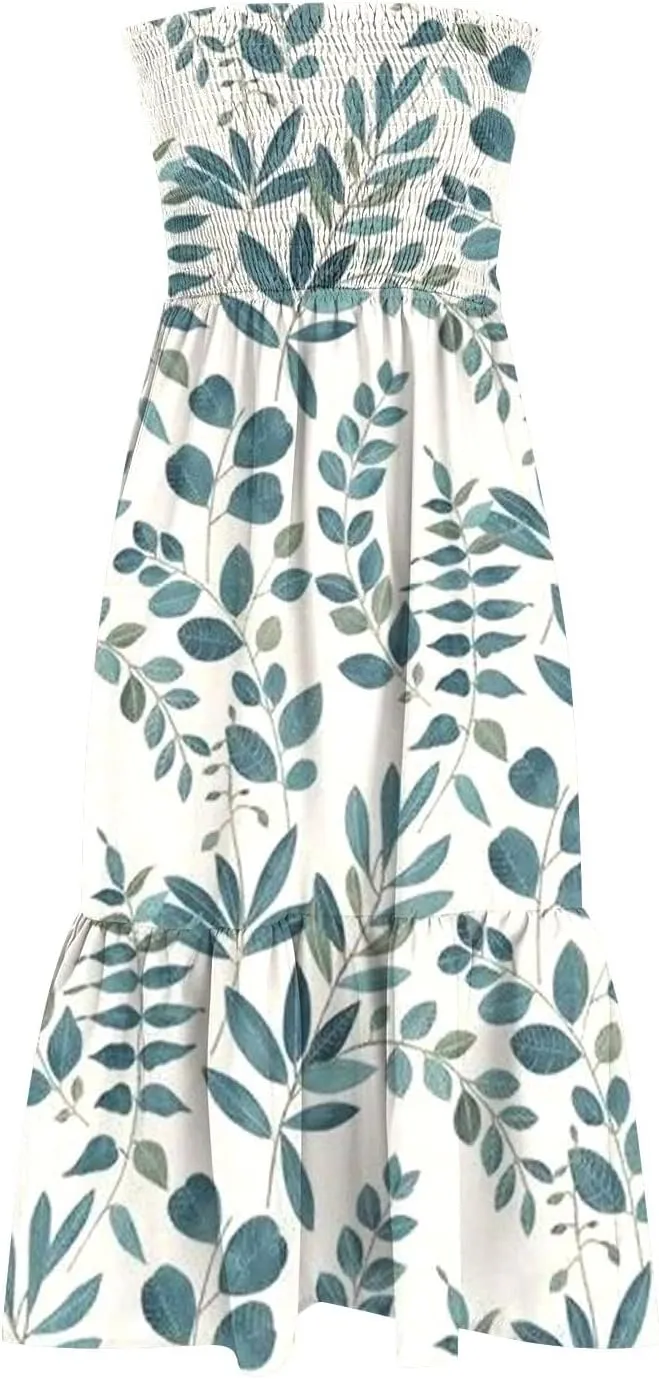 Beach Dresses for Women,2024 Summer Elegant Pleated Bandeau Maxi Dress,Trendy Flowy Ruffle Smocked Cruise Sundress