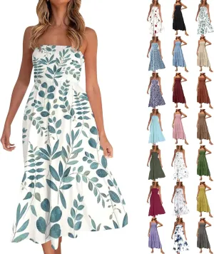 Beach Dresses for Women,2024 Summer Elegant Pleated Bandeau Maxi Dress,Trendy Flowy Ruffle Smocked Cruise Sundress