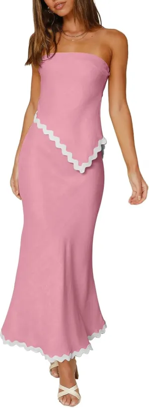 Beach Vacation Midi Dress Set 2024 Summer 2 Piece Sets Sleeveless Irregular Tube Top and Flowy Maxi Skirt Outfits