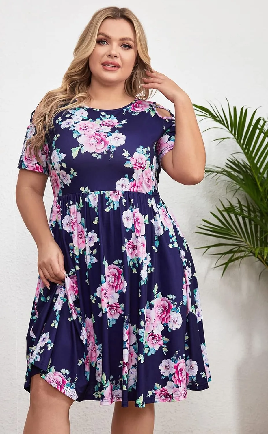 BEDOAR Women's Plus Size Summer Dresses Short Sleeve Cold Shoulder Casual A-line Swing Midi Dresses with Pockets